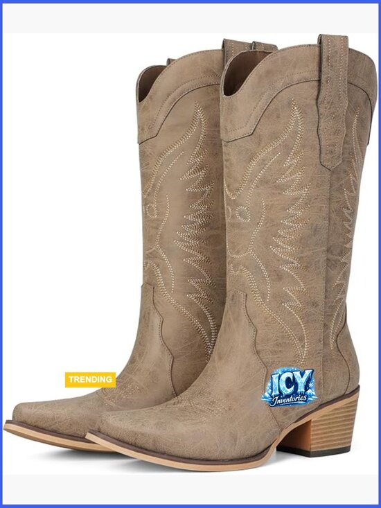 Shoes - Women's Western Cowboy Boots with Pointed Toe Chunky Heel Retro Embroidery
